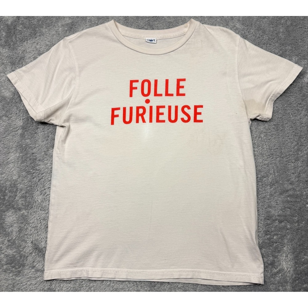 Clare V Folle Furiuse Graphic Tee T Shirt Ivory XS Los Angeles USA Made Cotton